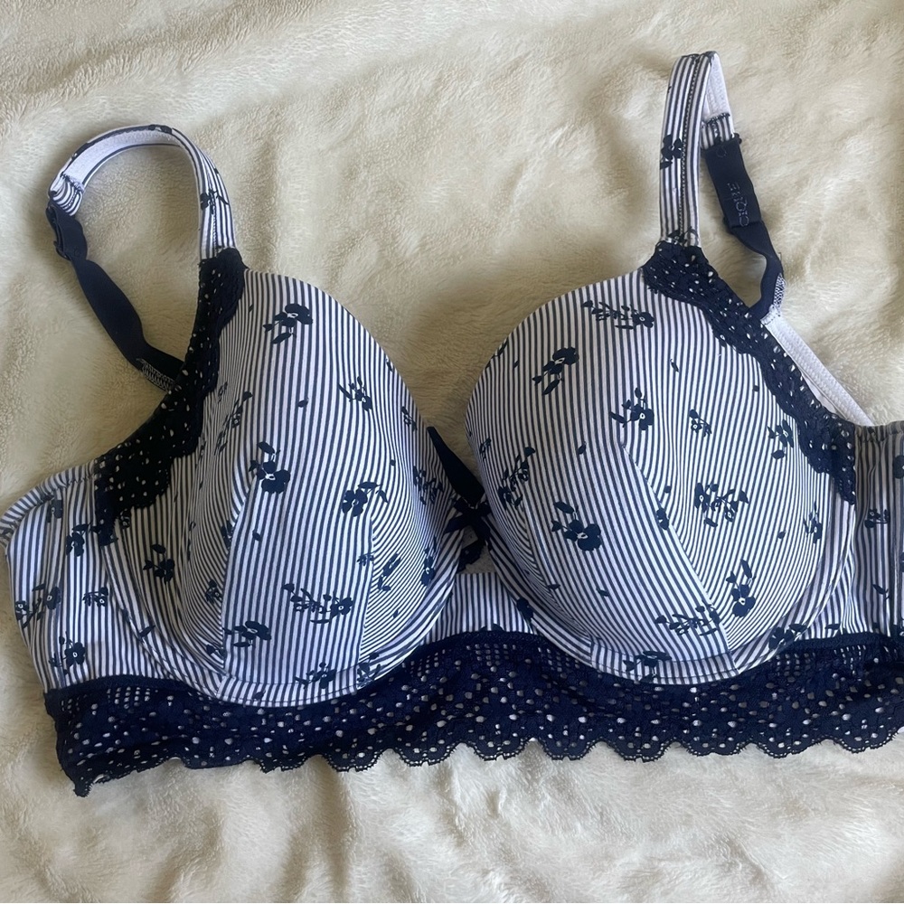 Cacique Navy and White Lace Trim Bra